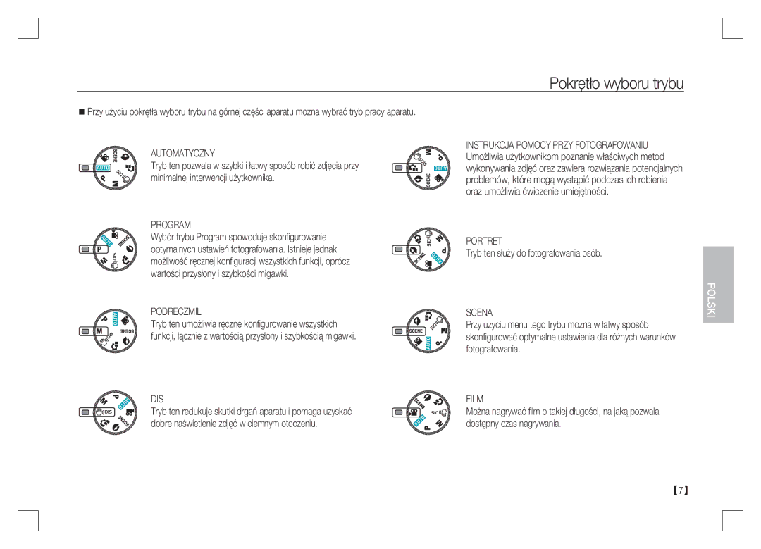 Samsung EC-S1065SBA/FR, EC-S1065PBA/FR manual Pokrętło wyboru trybu, Automatyczny, Podreczmil, Portret, Film 