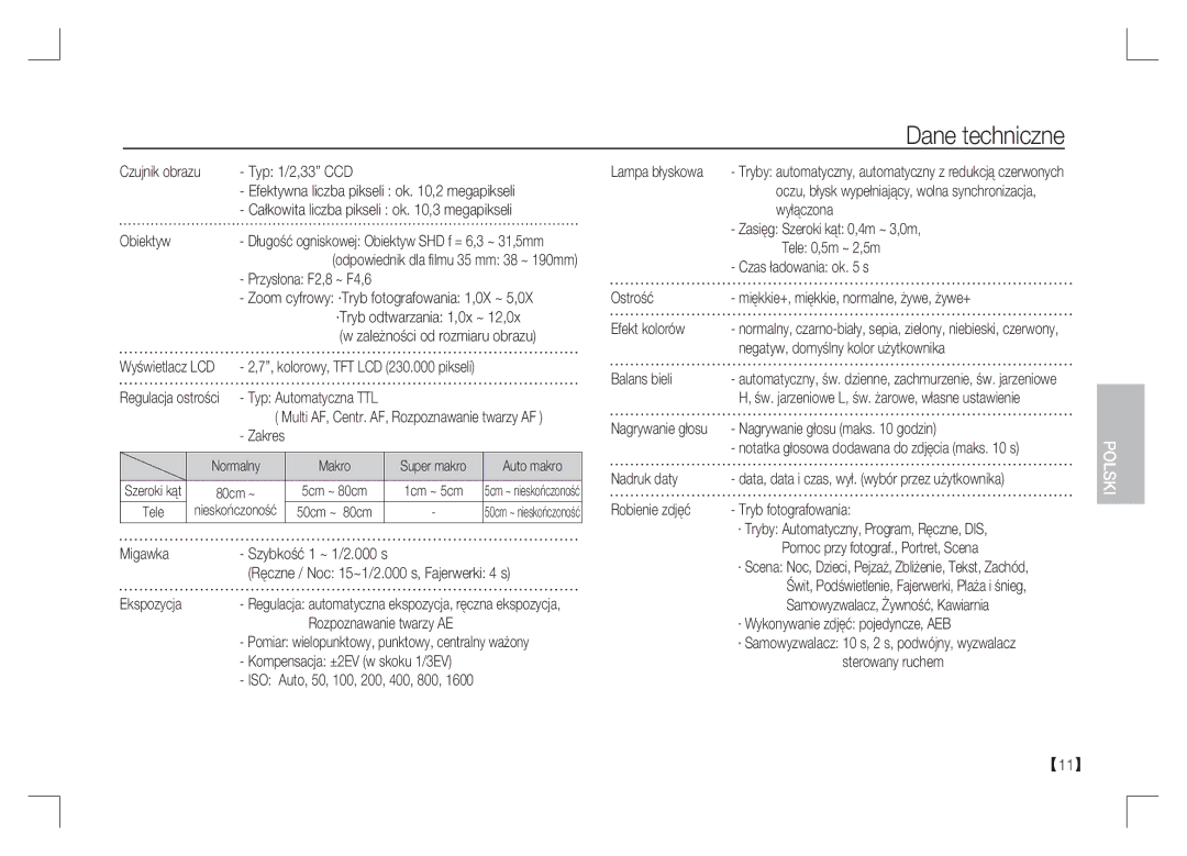 Samsung EC-S1065SBA/FR, EC-S1065PBA/FR manual Dane techniczne 