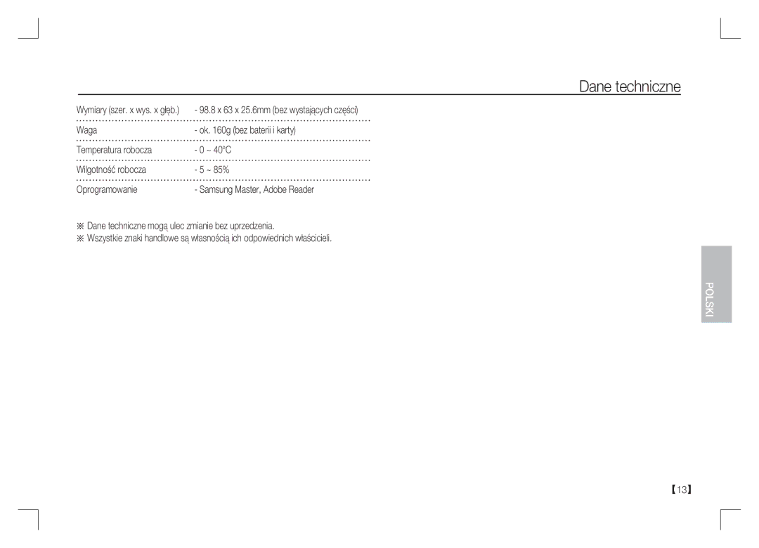 Samsung EC-S1065SBA/FR, EC-S1065PBA/FR manual Dane techniczne 