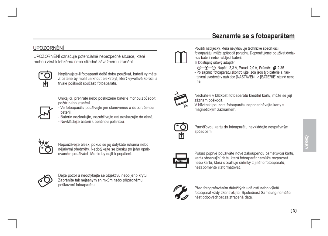 Samsung EC-S1065SBA/FR, EC-S1065PBA/FR manual Upozornění, Dostupný síťový adaptér 