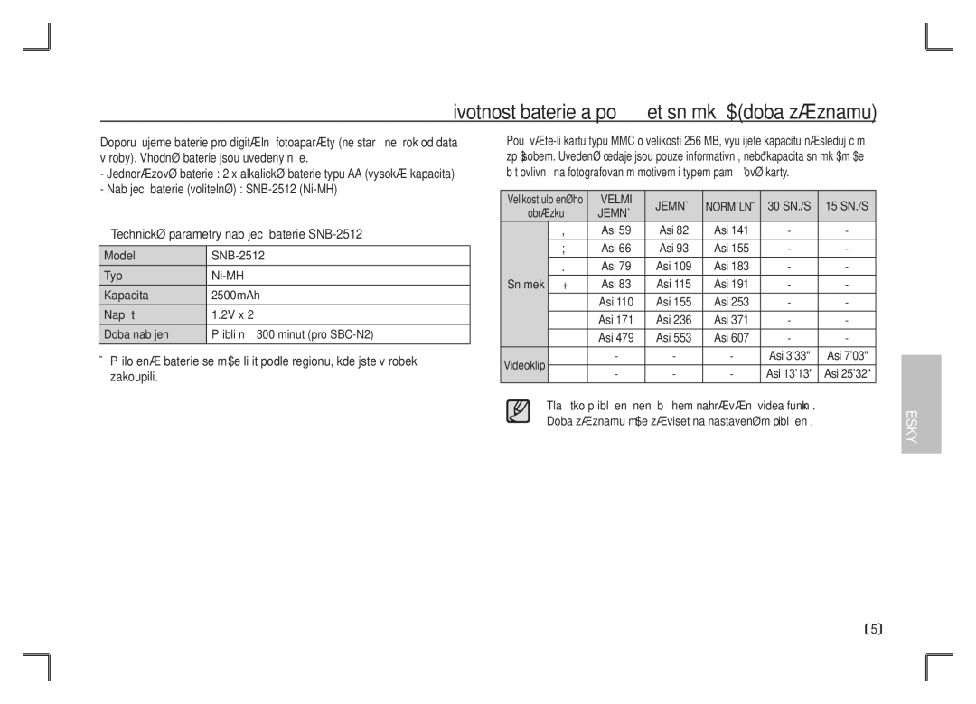 Samsung EC-S1065SBA/FR, EC-S1065PBA/FR manual Životnost baterie a počet snímků doba záznamu, 30 SN./S 15 SN./S 