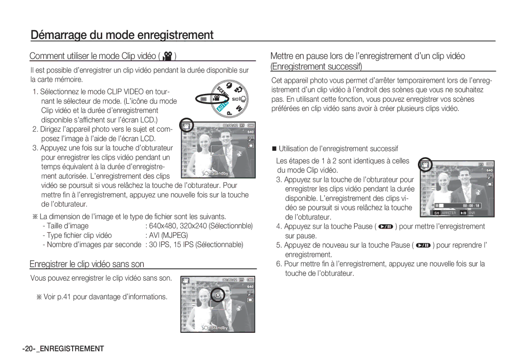 Samsung EC-S1065PBA/FR, EC-S1065SBA/FR manual Comment utiliser le mode Clip vidéo ´, Enregistrer le clip vidéo sans son 