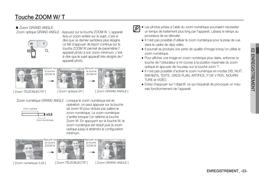 Samsung EC-S1065SBA/FR, EC-S1065PBA/FR manual Zoom numérique 5,0X Zoom Téléobjectif Zoom Grand Angle 