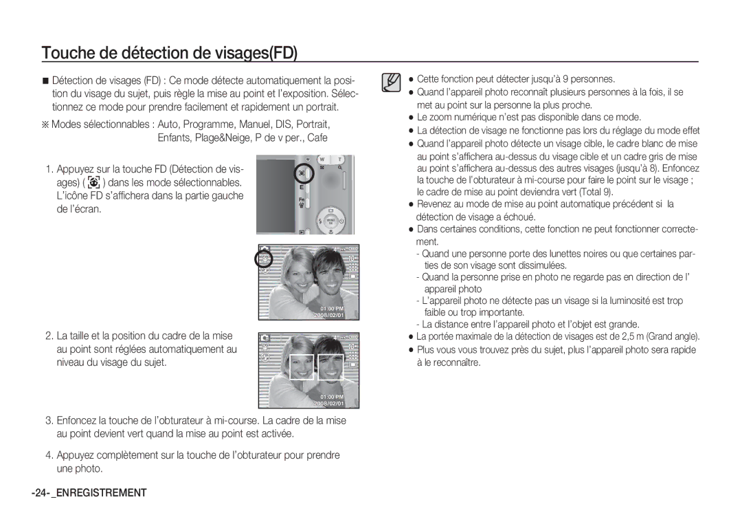 Samsung EC-S1065PBA/FR, EC-S1065SBA/FR manual Touche de détection de visagesFD, Appuyez sur la touche FD Détection de vis 