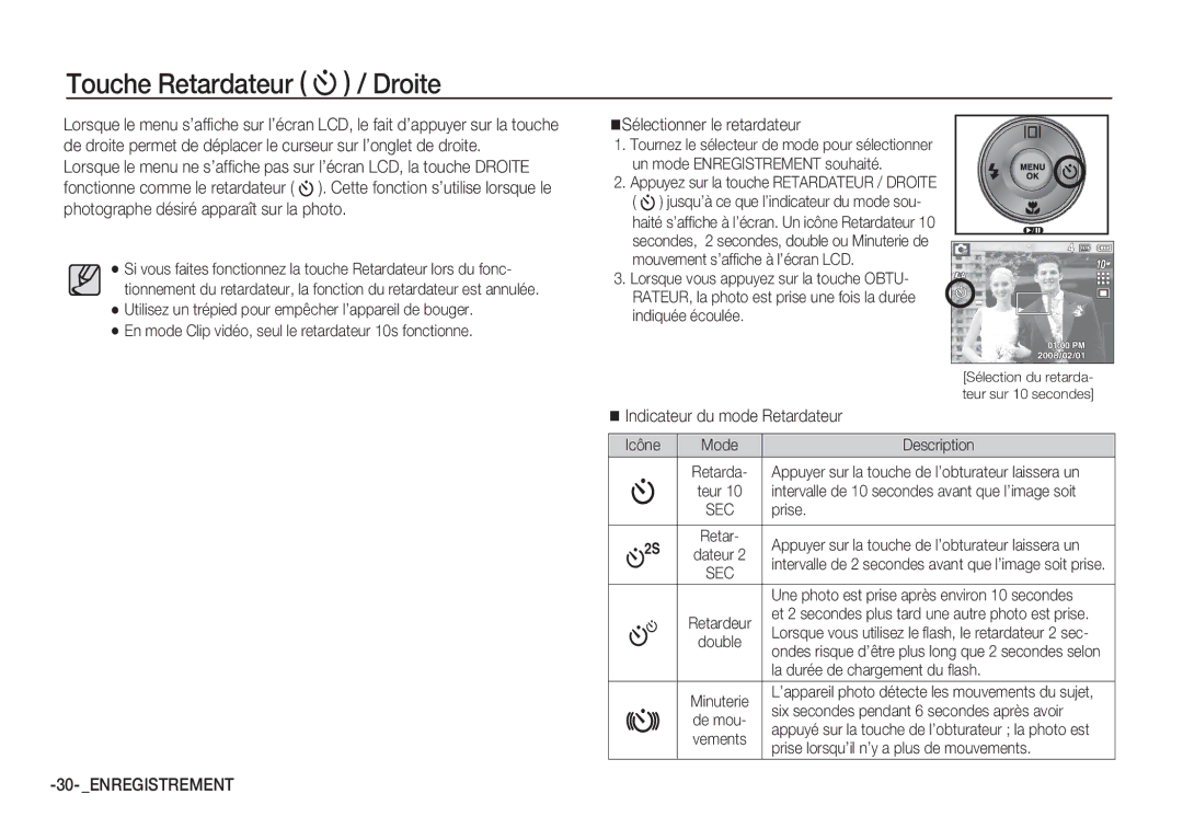 Samsung EC-S1065PBA/FR manual Touche Retardateur / Droite, Sélectionner le retardateur, Indicateur du mode Retardateur 