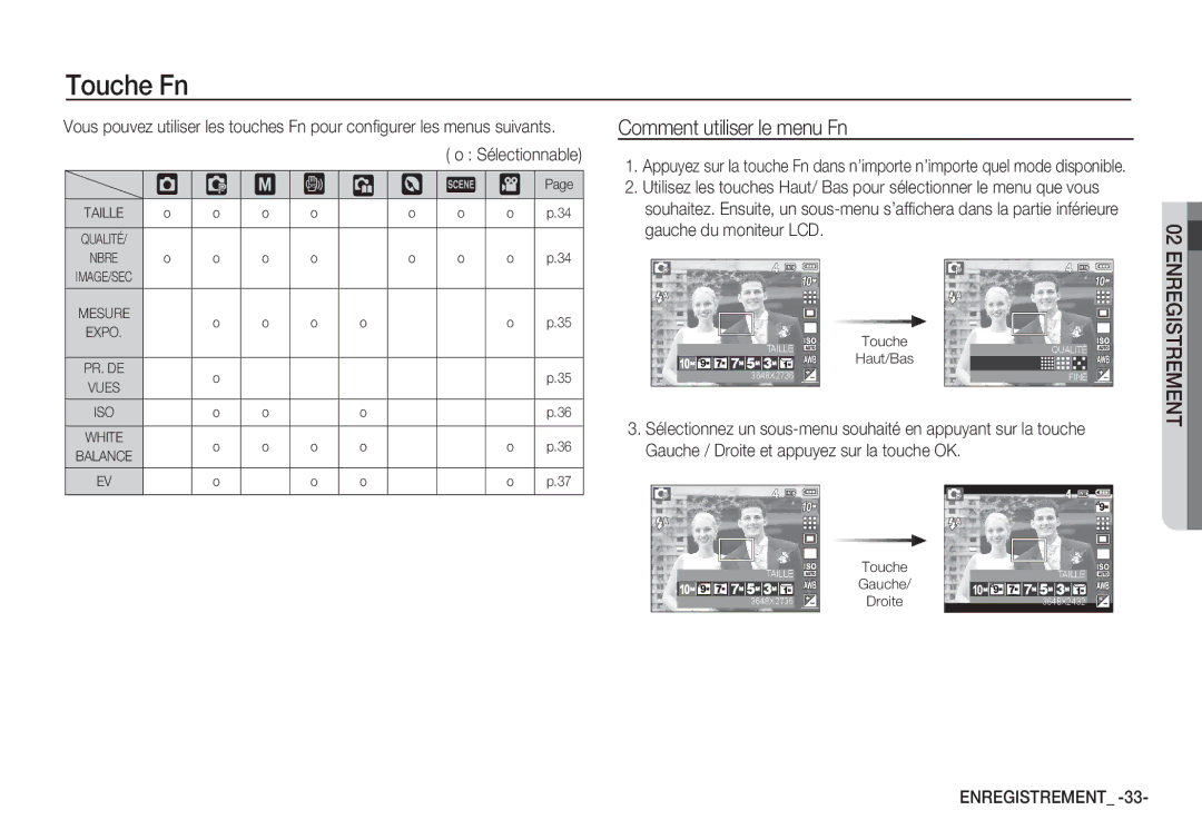 Samsung EC-S1065SBA/FR, EC-S1065PBA/FR manual Touche Fn, Comment utiliser le menu Fn 