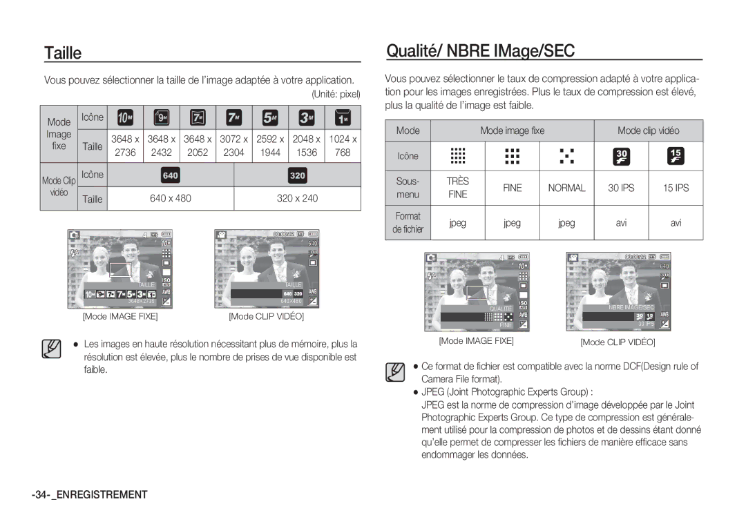 Samsung EC-S1065PBA/FR, EC-S1065SBA/FR manual Taille, Qualité/ Nbre IMage/SEC 