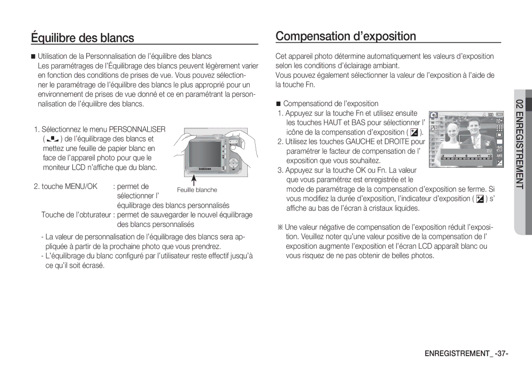 Samsung EC-S1065SBA/FR, EC-S1065PBA/FR Compensation d’exposition, Touche MENU/OK permet de, Exposition que vous souhaitez 