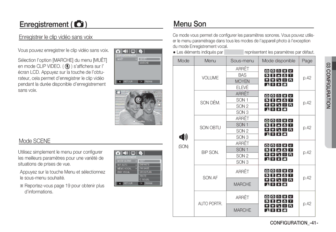 Samsung EC-S1065SBA/FR Menu Son, Enregistrer le clip vidéo sans voix, Mode Scene, Mode Menu Sous-menu Mode disponible 