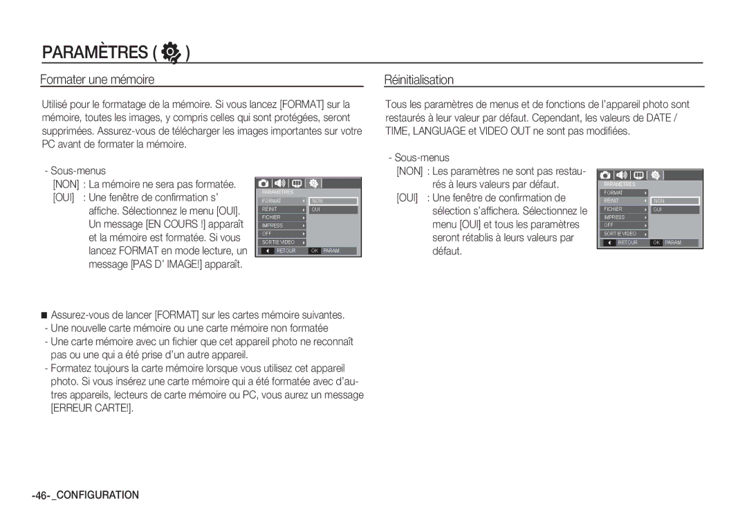 Samsung EC-S1065PBA/FR, EC-S1065SBA/FR manual Formater une mémoire, Réinitialisation, NON La mémoire ne sera pas formatée 