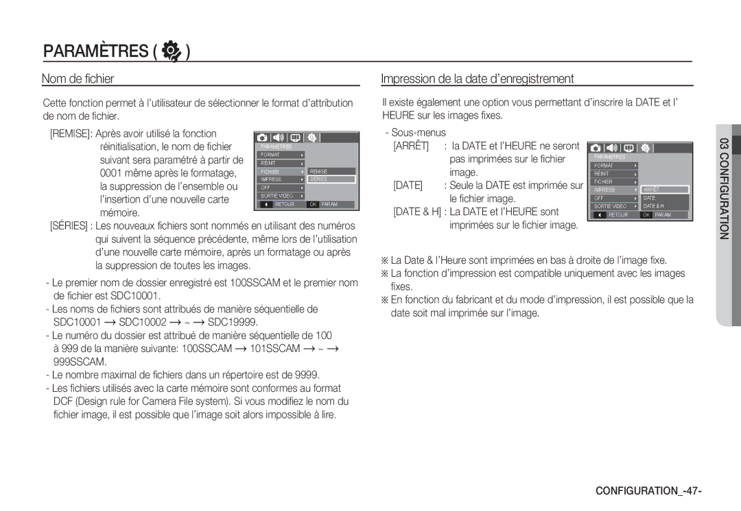 Samsung EC-S1065SBA/FR manual Nom de ﬁchier, Impression de la date d’enregistrement, Mémoire, Image, Le ﬁchier image 