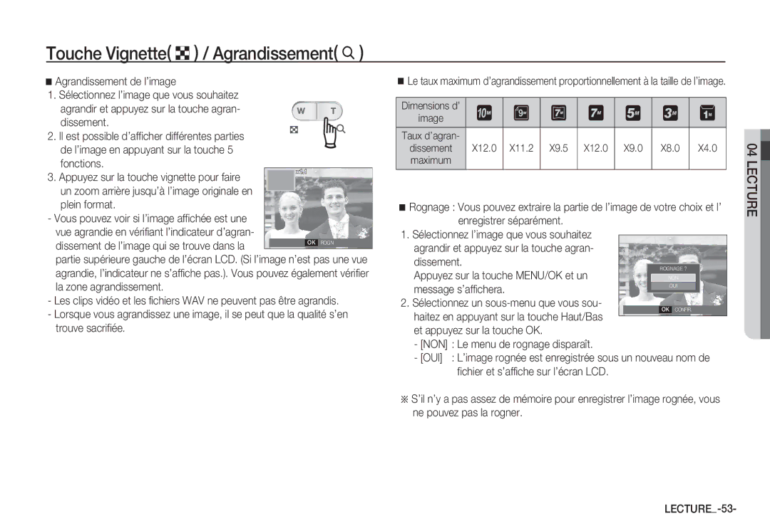 Samsung EC-S1065SBA/FR, EC-S1065PBA/FR manual Touche Vignette º / Agrandissement í, NON Le menu de rognage disparaît 