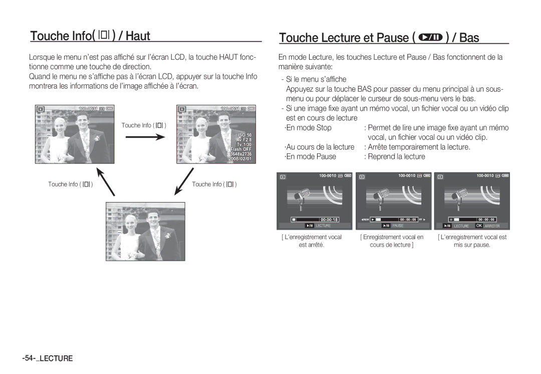 Samsung EC-S1065PBA/FR, EC-S1065SBA/FR manual Touche Info î / Haut, Touche Lecture et Pause Ø / Bas, ·En mode Stop 