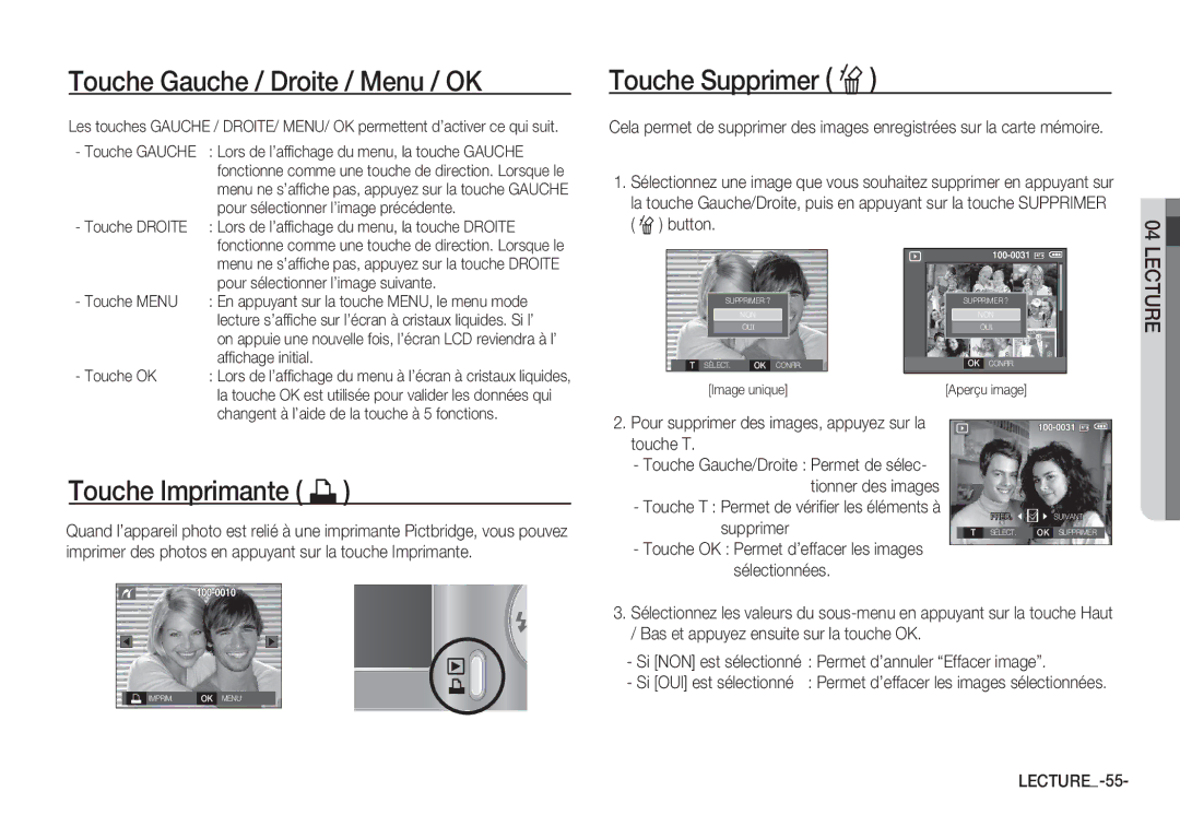 Samsung EC-S1065SBA/FR, EC-S1065PBA/FR manual Touche Gauche / Droite / Menu / OK, Touche Supprimer Õ, Touche Imprimante » 