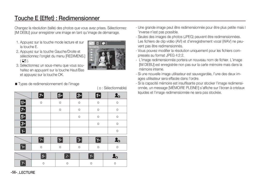 Samsung EC-S1065PBA/FR, EC-S1065SBA/FR manual Touche E Effet Redimensionner 