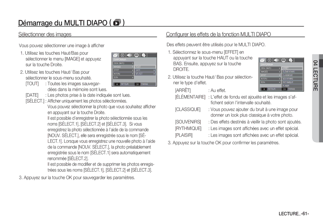 Samsung EC-S1065SBA/FR, EC-S1065PBA/FR manual Sélectionner des images, Configurer les effets de la fonction Multi Diapo 