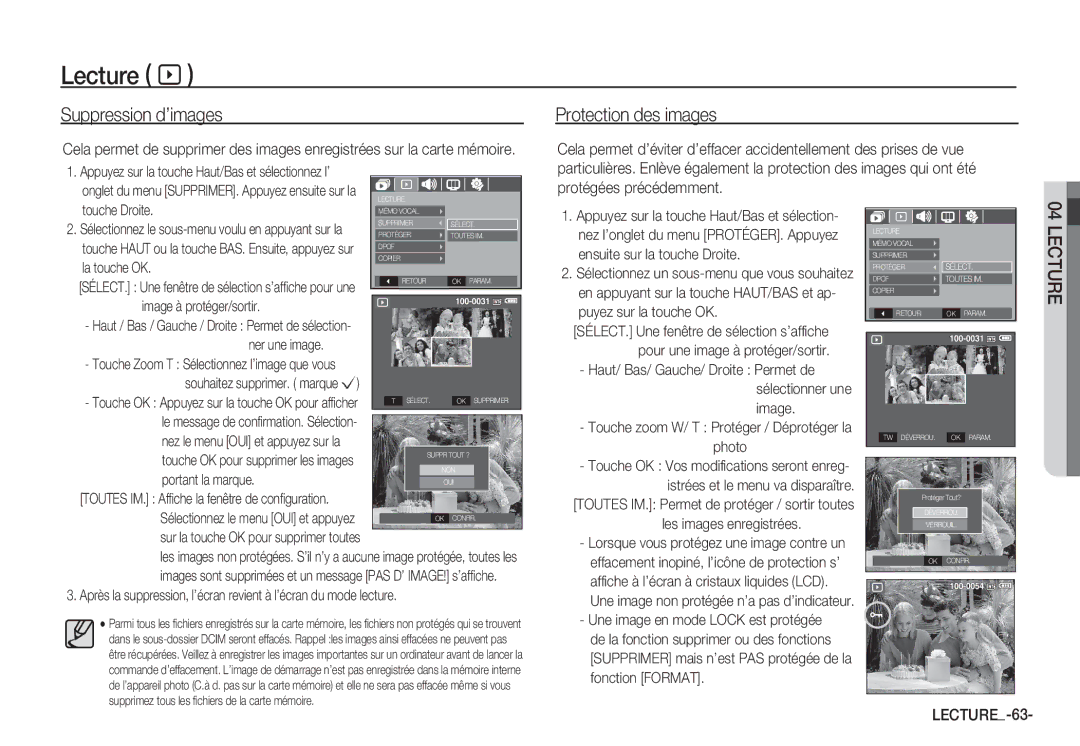 Samsung EC-S1065SBA/FR, EC-S1065PBA/FR manual Suppression d’images, Protection des images 