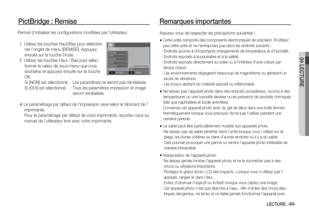 Samsung EC-S1065SBA/FR manual PictBridge Remise, Remarques importantes, Assurez-vous de respecter les précautions suivantes 