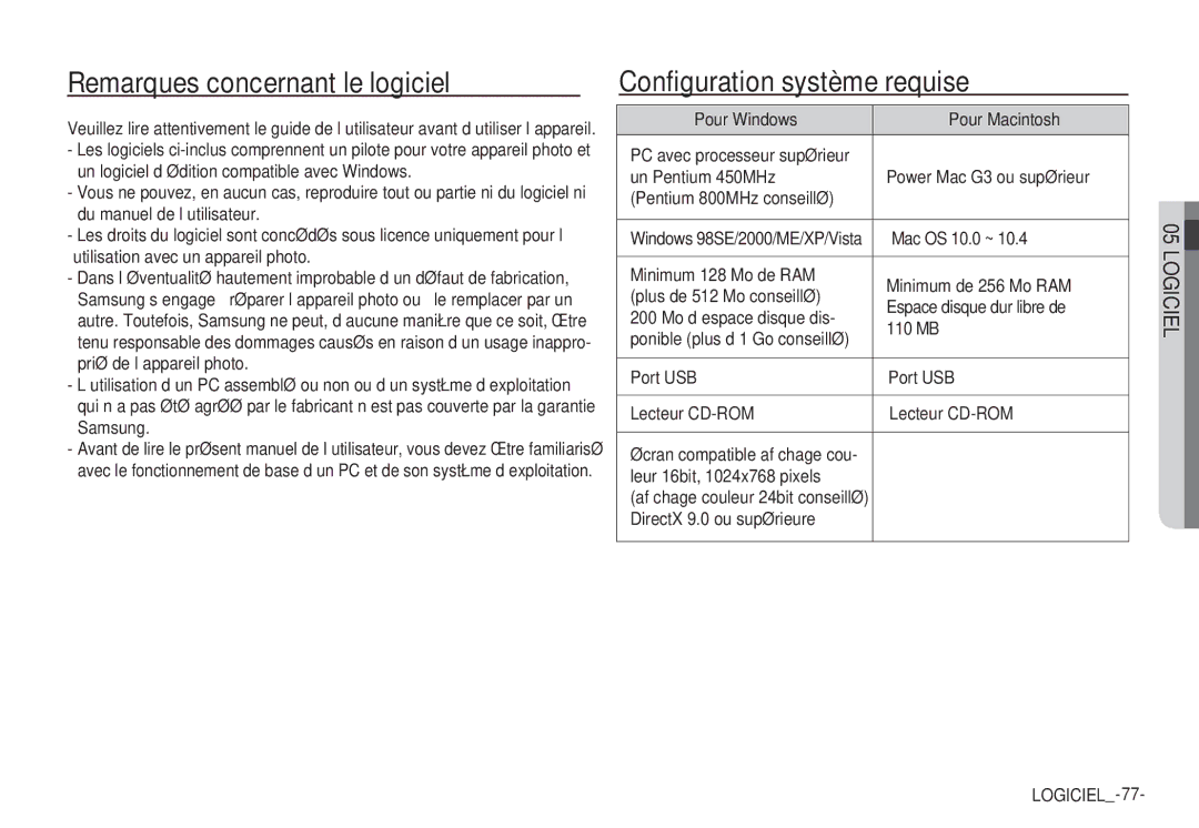 Samsung EC-S1065SBA/FR, EC-S1065PBA/FR manual Remarques concernant le logiciel, Configuration système requise 