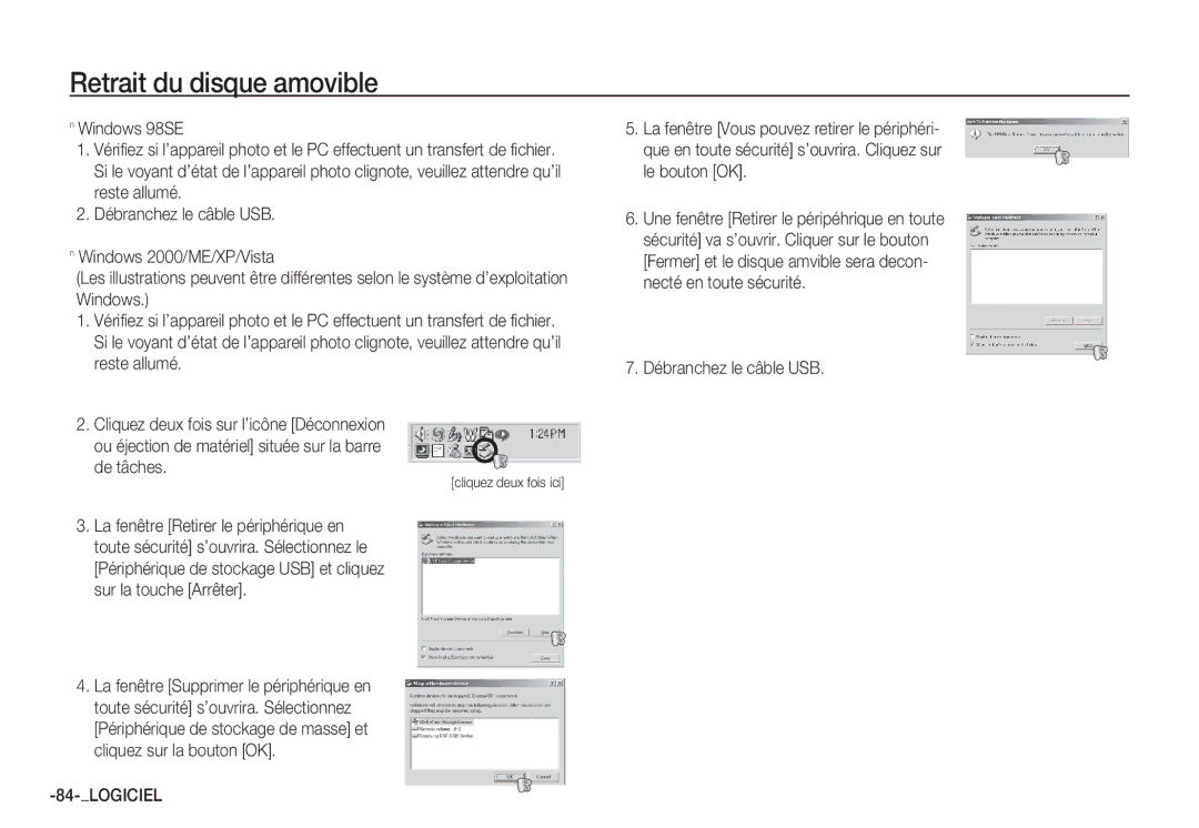 Samsung EC-S1065PBA/FR, EC-S1065SBA/FR manual Retrait du disque amovible, De tâches, Cliquez deux fois ici 