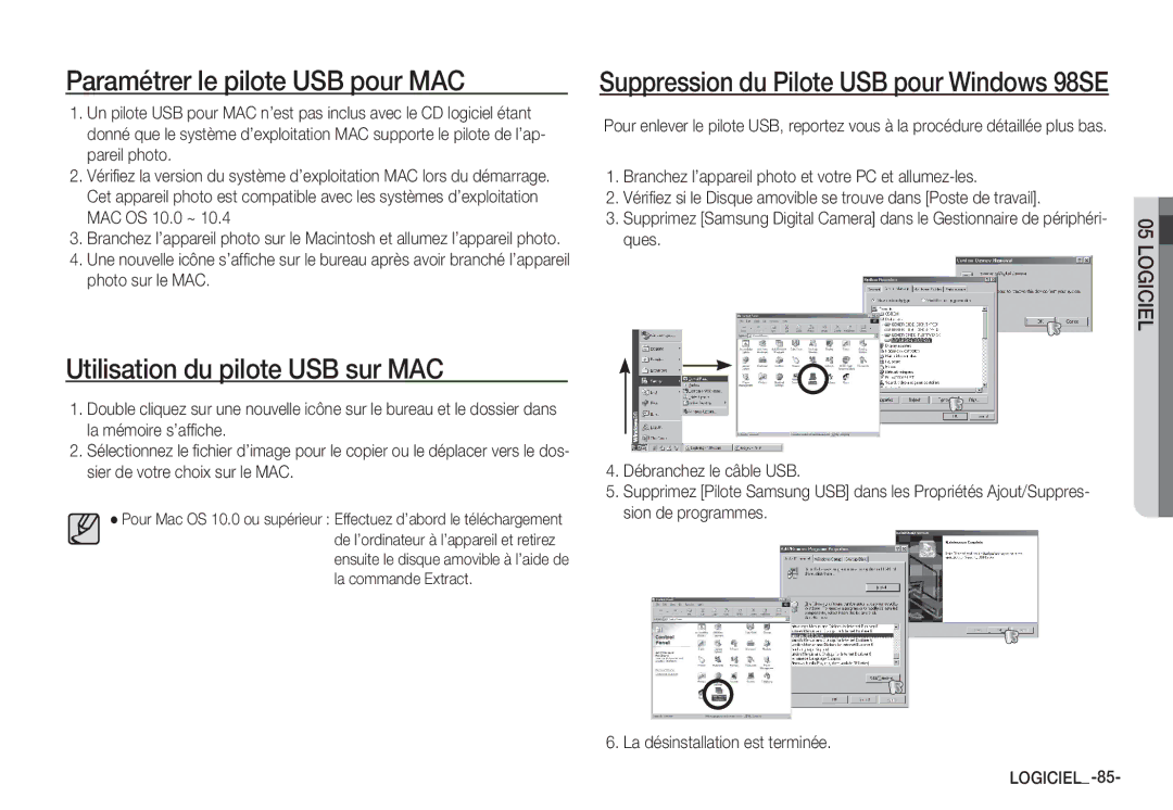 Samsung EC-S1065SBA/FR, EC-S1065PBA/FR manual Paramétrer le pilote USB pour MAC, Utilisation du pilote USB sur MAC 