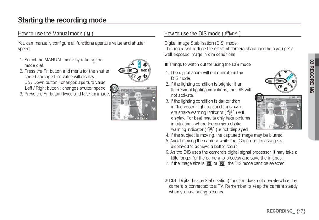 Samsung EC-S1065SBA/FR manual How to use the Manual mode ¸, If the image size is or . ,the DIS mode can’t be selected 