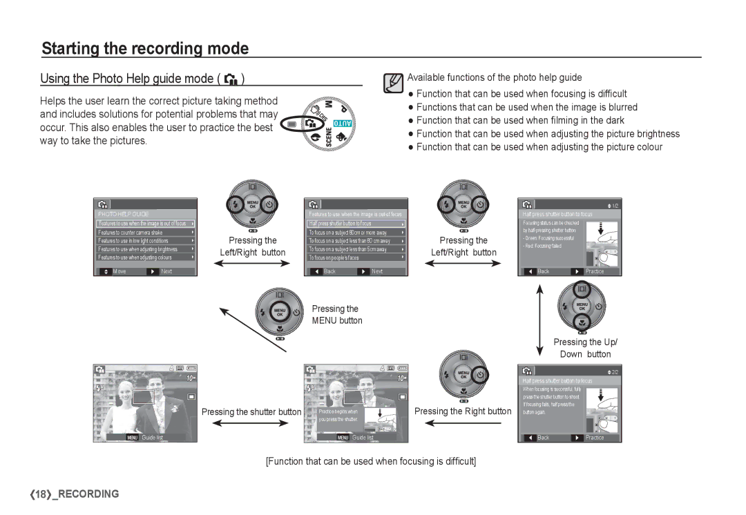 Samsung EC-S1065PBA/FR manual Using the Photo Help guide mode `, Pressing Left/Right button, Pressing the Up Down button 