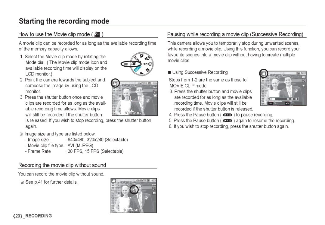 Samsung EC-S1065PBA/FR manual How to use the Movie clip mode ´, Recording the movie clip without sound, Frame Rate 