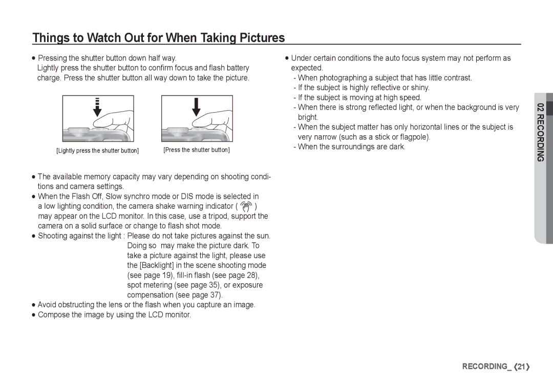 Samsung EC-S1065SBA/FR manual Things to Watch Out for When Taking Pictures, Pressing the shutter button down half way 