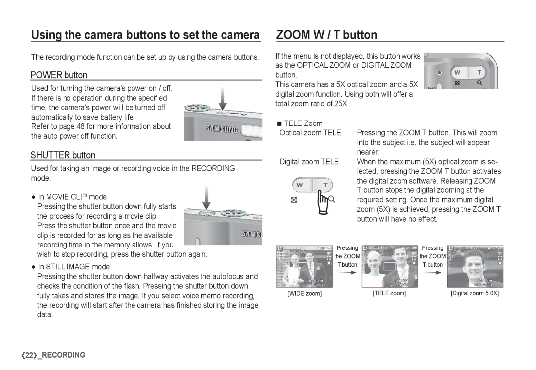 Samsung EC-S1065PBA/FR, EC-S1065SBA/FR manual Zoom W / T button, Power button, Shutter button 