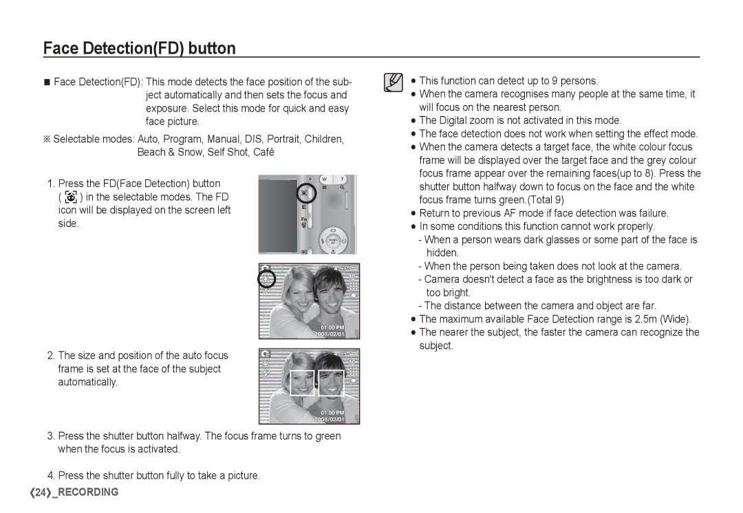 Samsung EC-S1065PBA/FR, EC-S1065SBA/FR manual Face DetectionFD button 