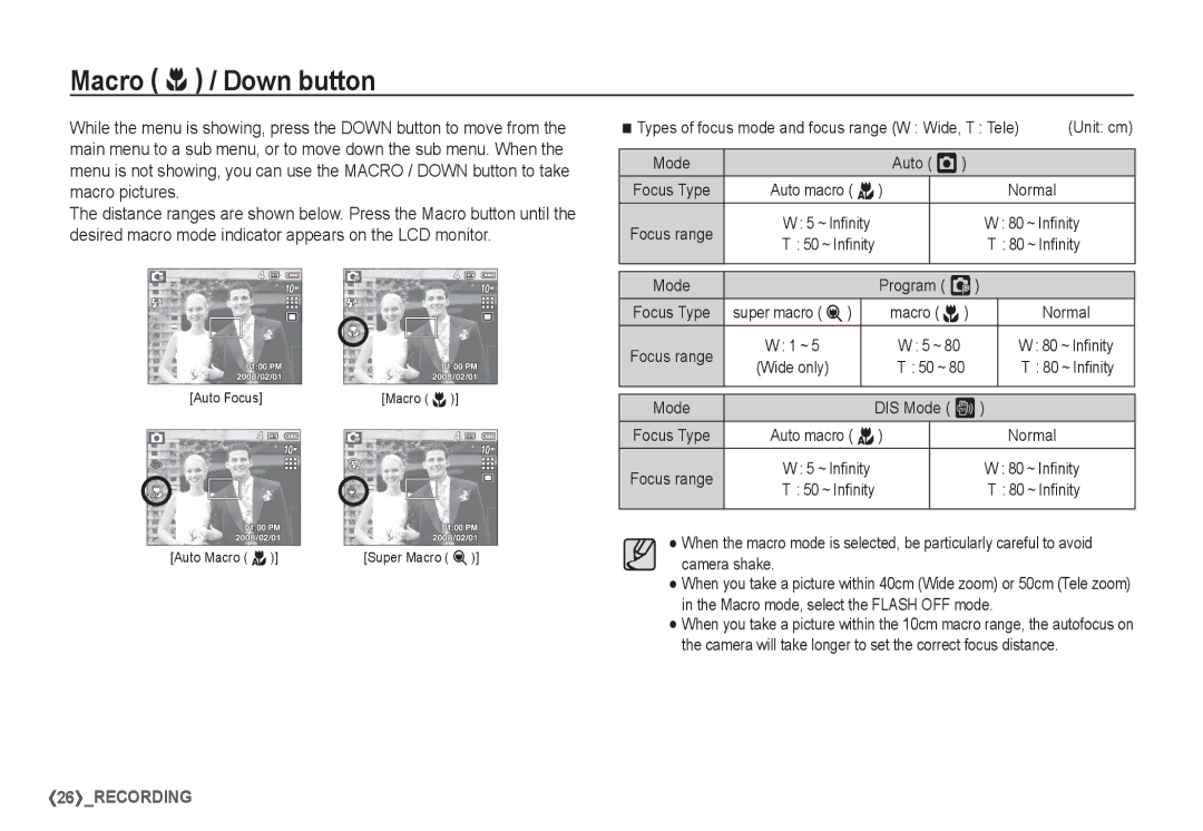 Samsung EC-S1065PBA/FR, EC-S1065SBA/FR manual Macro e / Down button, Auto Š, Program ‰, Super macro Macro e, DIS Mode ÿ 