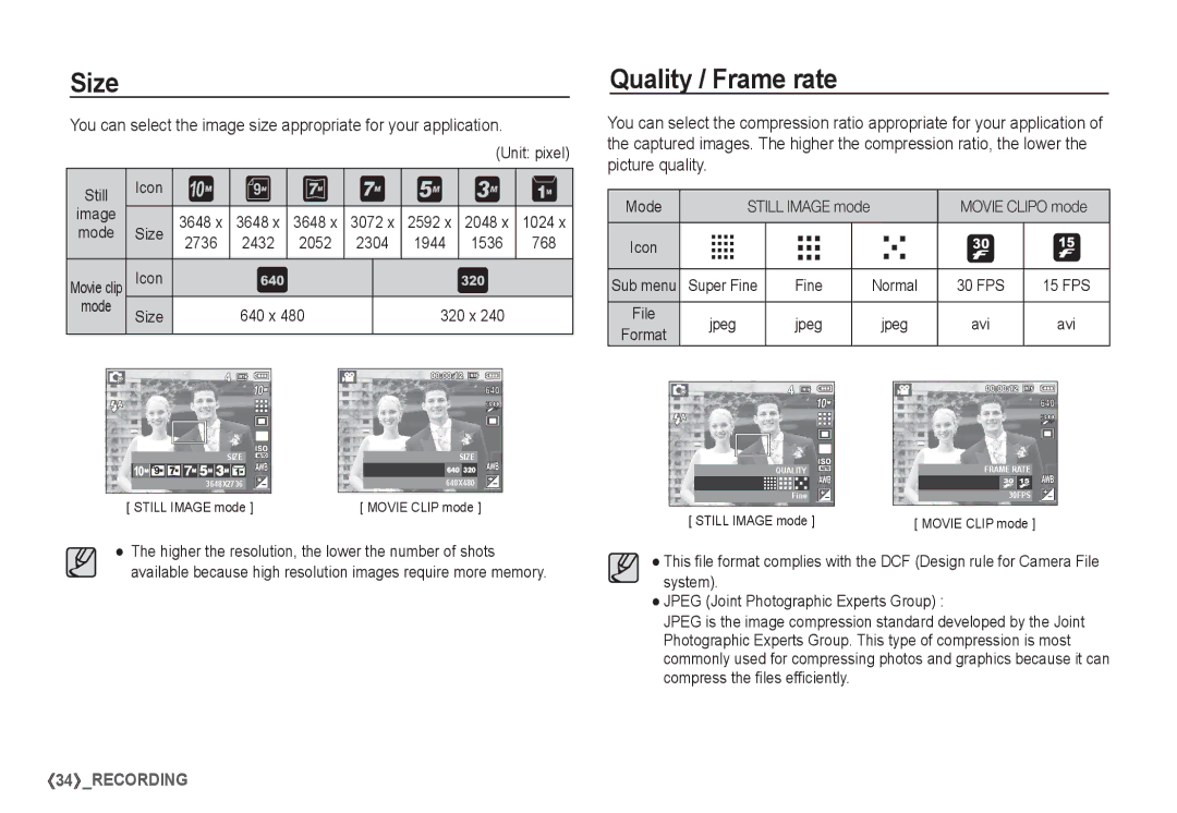 Samsung EC-S1065PBA/FR, EC-S1065SBA/FR manual Size, Quality / Frame rate 