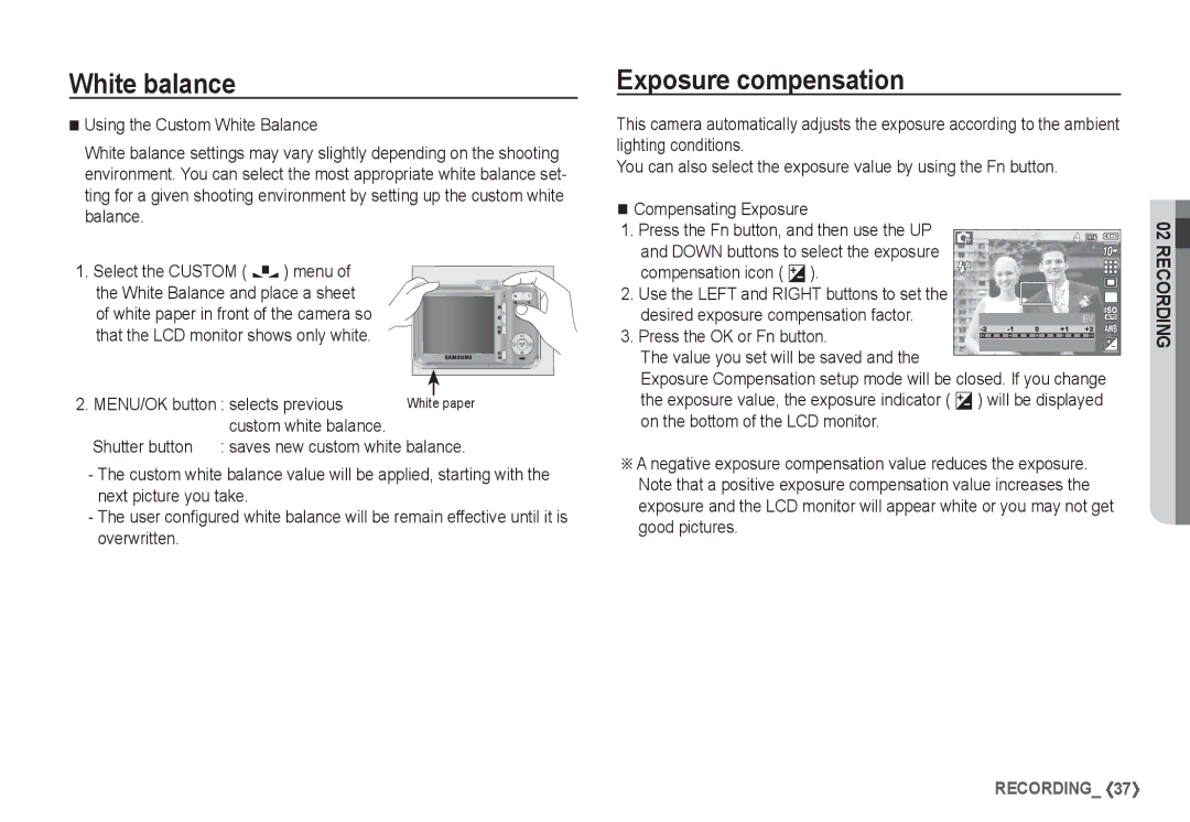 Samsung EC-S1065SBA/FR, EC-S1065PBA/FR manual Exposure compensation, MENU/OK button selects previous, Compensation icon Â 
