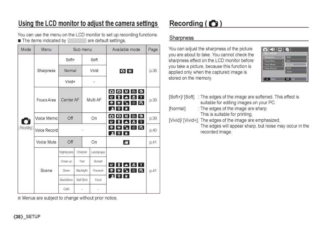 Samsung EC-S1065PBA/FR, EC-S1065SBA/FR manual Recording, Sharpness, Items indicated by are default settings 