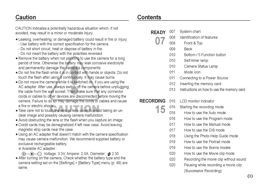 Samsung EC-S1065SBA/FR, EC-S1065PBA/FR manual Contents 