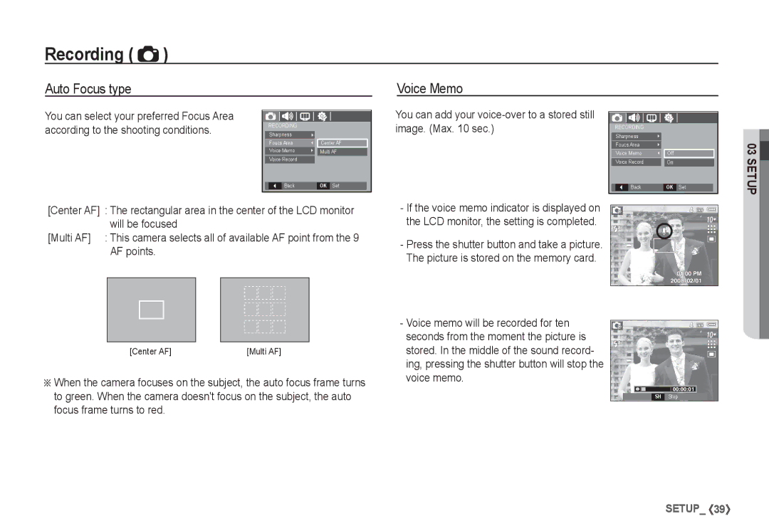 Samsung EC-S1065SBA/FR manual Auto Focus type Voice Memo, You can add your voice-over to a stored still image. Max sec 