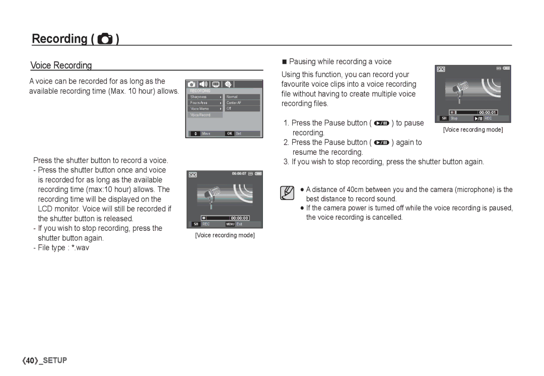 Samsung EC-S1065PBA/FR, EC-S1065SBA/FR Voice Recording, Pausing while recording a voice, Press the Pause button Ø to pause 