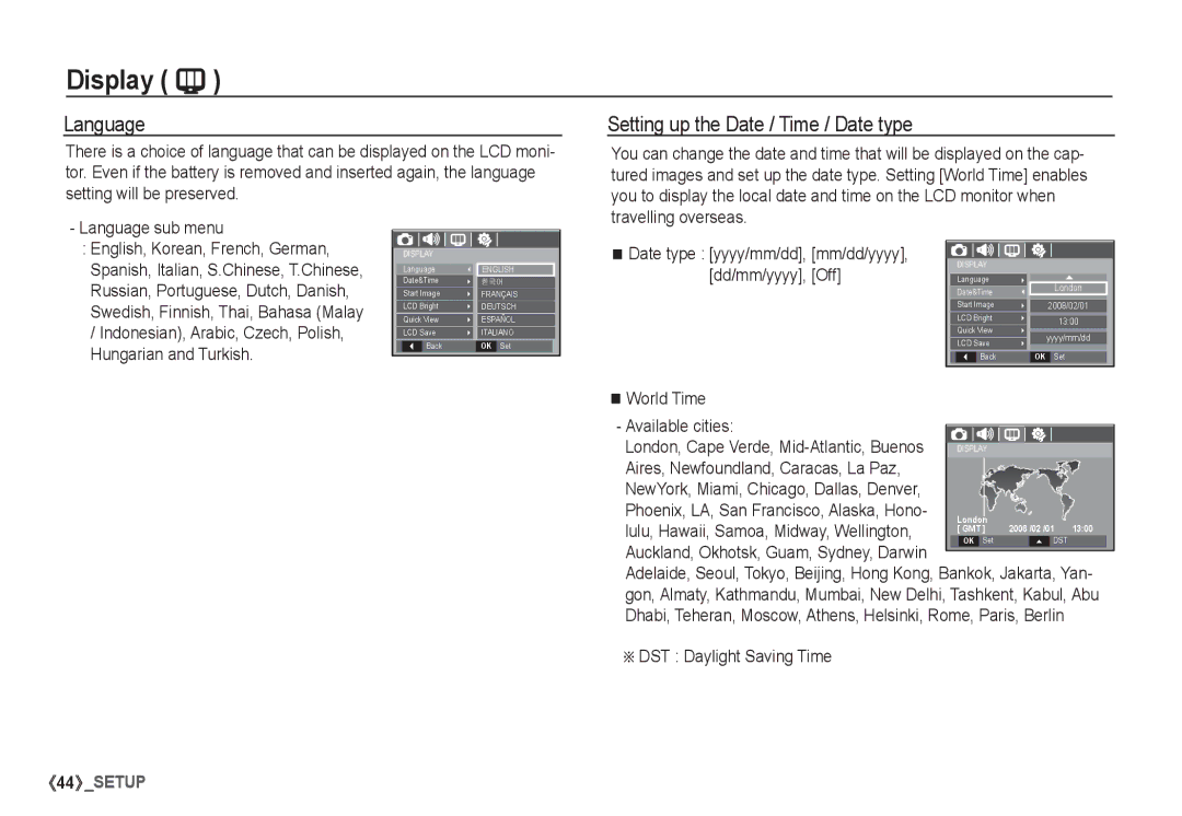 Samsung EC-S1065PBA/FR, EC-S1065SBA/FR manual Display, Language Setting up the Date / Time / Date type 