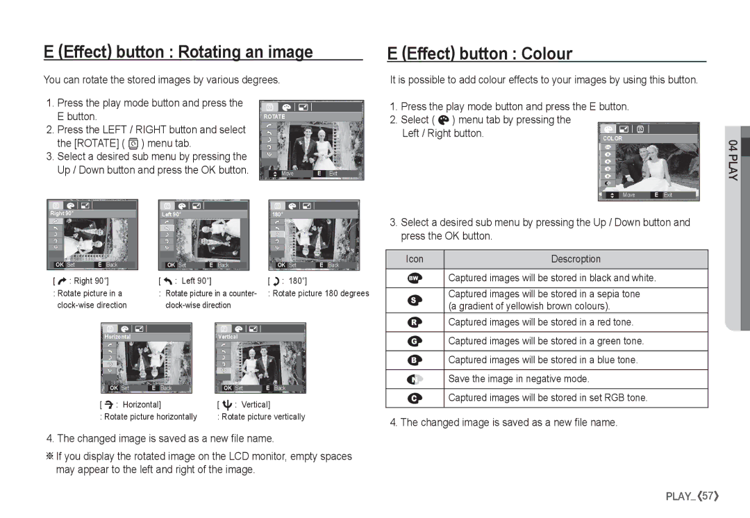 Samsung EC-S1065SBA/FR Effect button Rotating an image, Effect button Colour, Changed image is saved as a new file name 