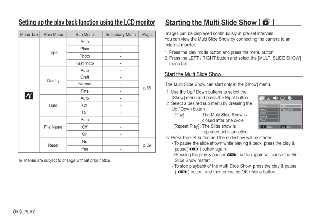 Samsung EC-S1065PBA/FR, EC-S1065SBA/FR manual Starting the Multi Slide Show , Start the Multi Slide Show 