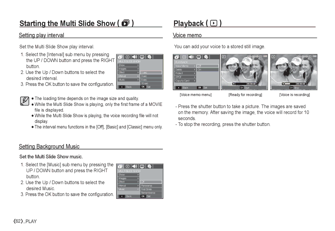 Samsung EC-S1065PBA/FR Playback à, Setting play interval, Setting Background Music, Set the Multi Slide Show play interval 