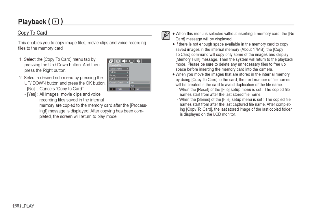 Samsung EC-S1065PBA/FR, EC-S1065SBA/FR manual Copy To Card, Press the Right button, No Cancels Copy to Card 