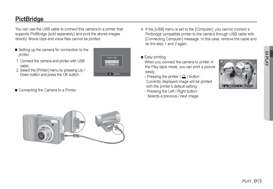 Samsung EC-S1065SBA/FR, EC-S1065PBA/FR manual PictBridge, Connecting the Camera to a Printer 