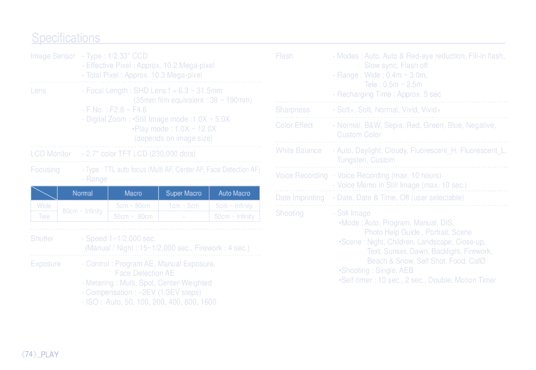 Samsung EC-S1065PBA/FR, EC-S1065SBA/FR manual Specifications 