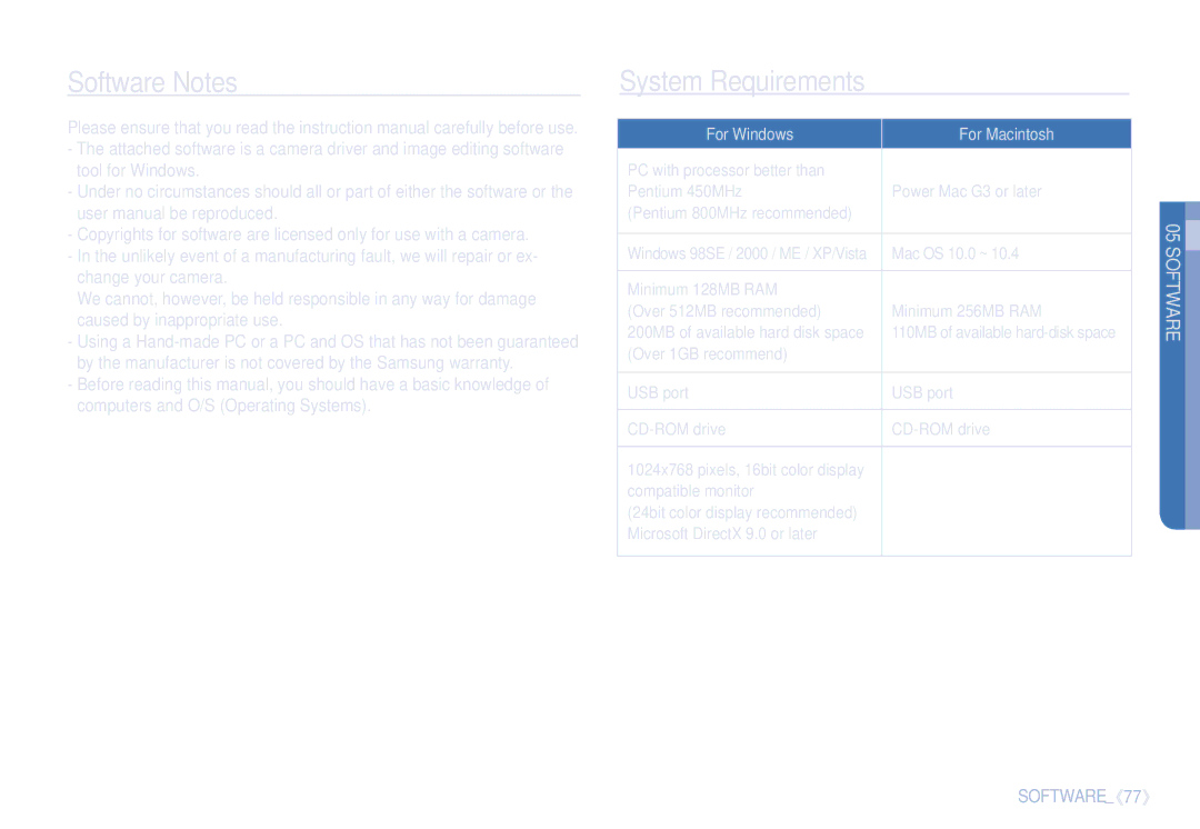 Samsung EC-S1065SBA/FR, EC-S1065PBA/FR manual Software Notes, System Requirements 