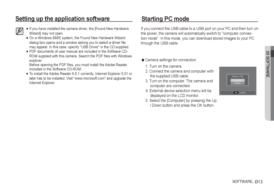 Samsung EC-S1065SBA/FR, EC-S1065PBA/FR manual Starting PC mode 