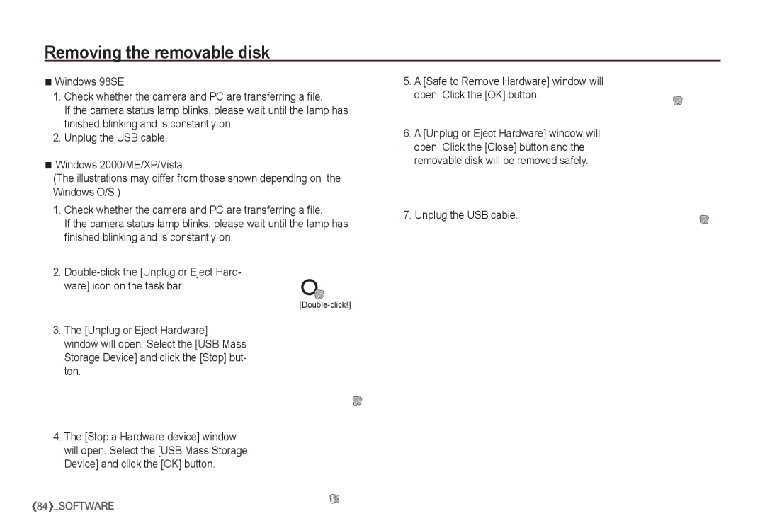 Samsung EC-S1065PBA/FR, EC-S1065SBA/FR manual Removing the removable disk, Unplug the USB cable 