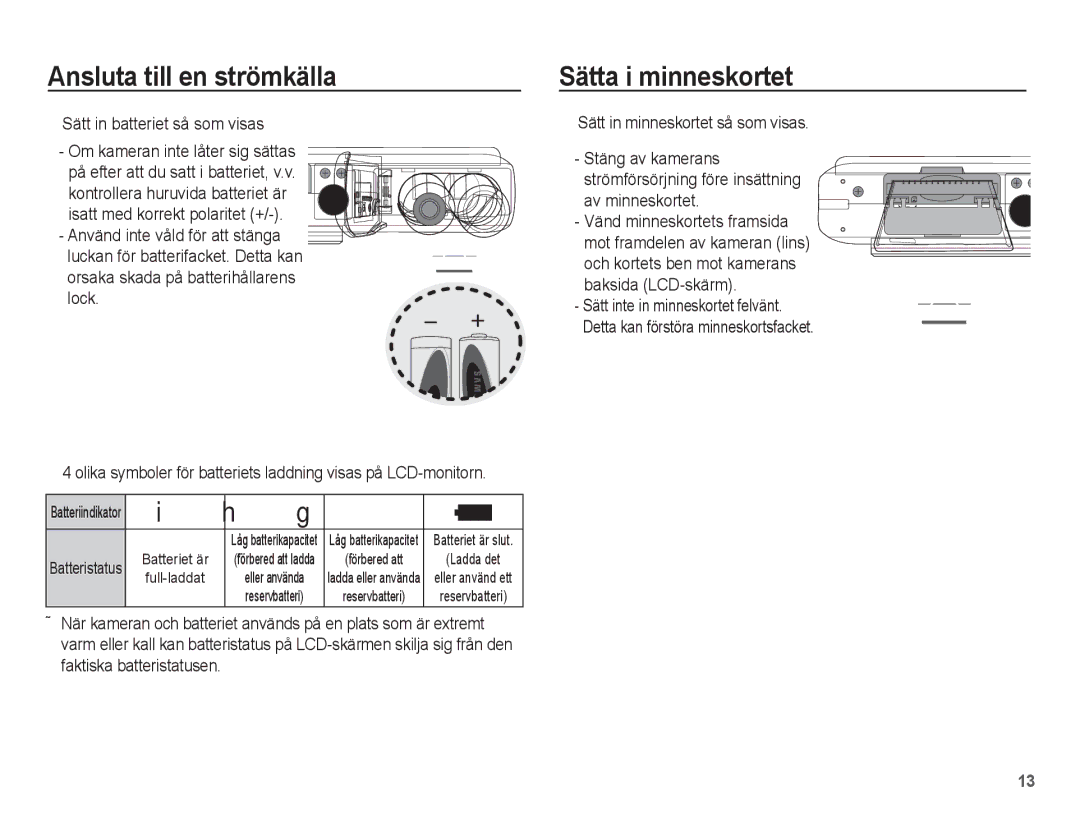 Samsung EC-S1070SBA/E2, EC-S1070BBA/E2 Sätta i minneskortet, Olika symboler för batteriets laddning visas på LCD-monitorn 