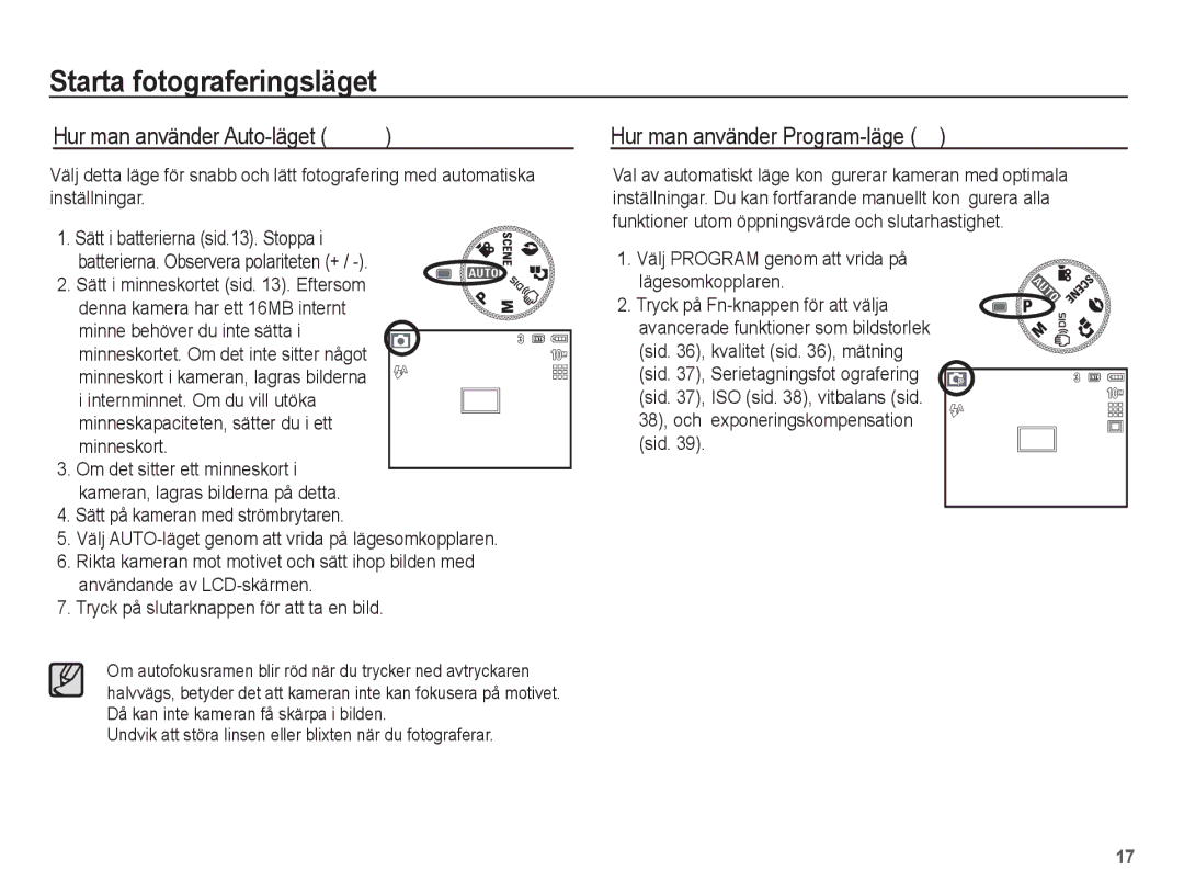 Samsung EC-S1070SBA/E2 manual Starta fotograferingsläget, Hur man använder Auto-läget μ, Hur man använder Program-läge 